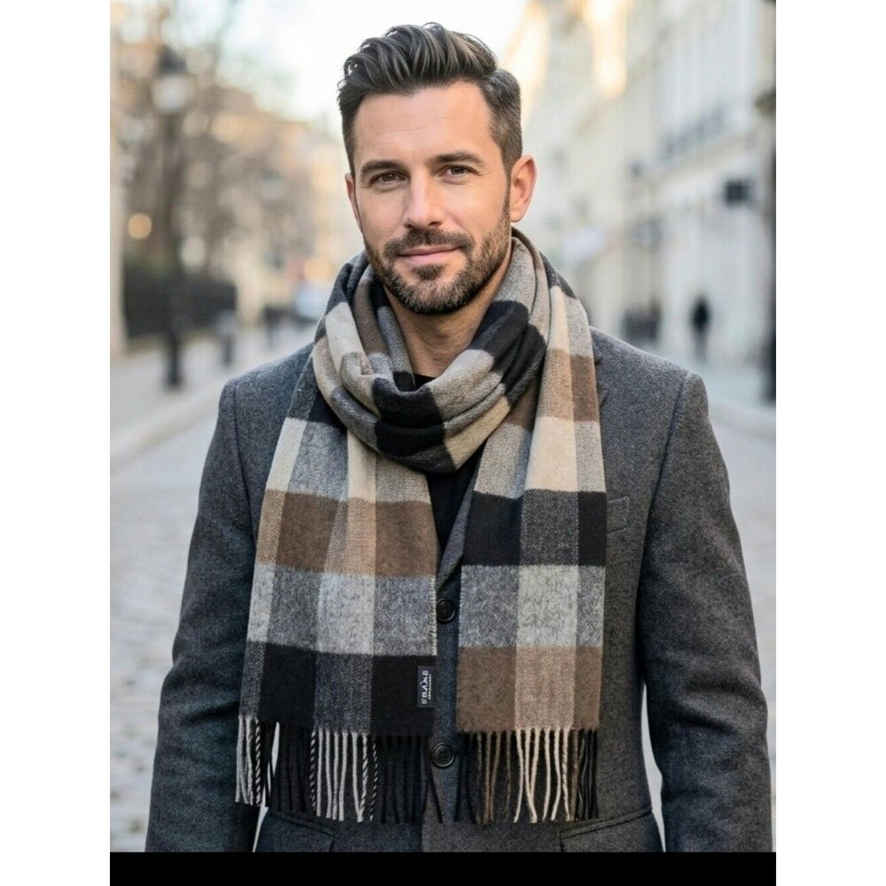 Fraas Plaid Scarf Made in Germany Brown Gray Black Taupe Unisex Fringe 14 x 70